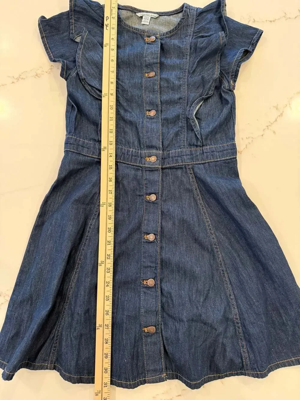 Calvin Klein Jeans Girls Blue Denim Ruffle Sleeve Button Down Dress Size 12/14